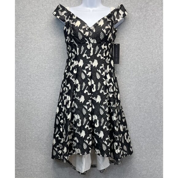 Aidan Mattox Cocktail Dress Womens 4 Black Embroidered Overlay Off Shoulder HOCO - Picture 1 of 16